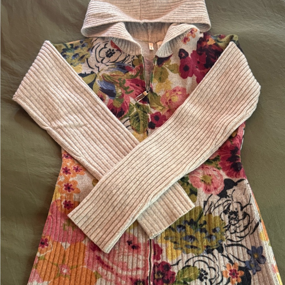 Anthropologie Floral Hooded Cardigan - Cream and Multicolor